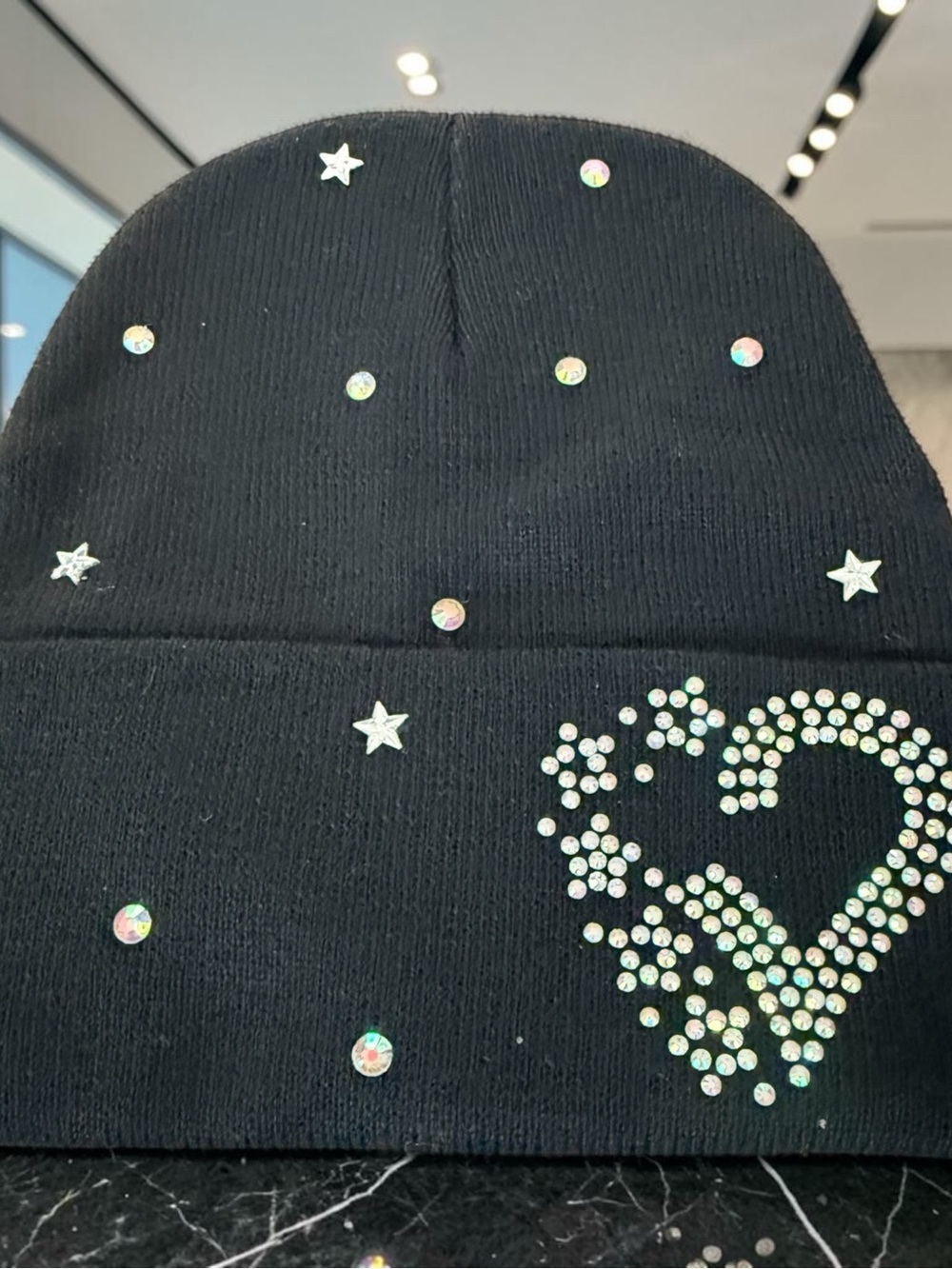 Woman’s Black Rhinestone Heart Beanie